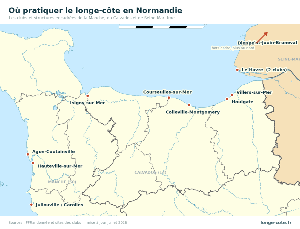 Carte des clubs de longe-côte en Normandie : Manche, Calvados et Seine-Maritime